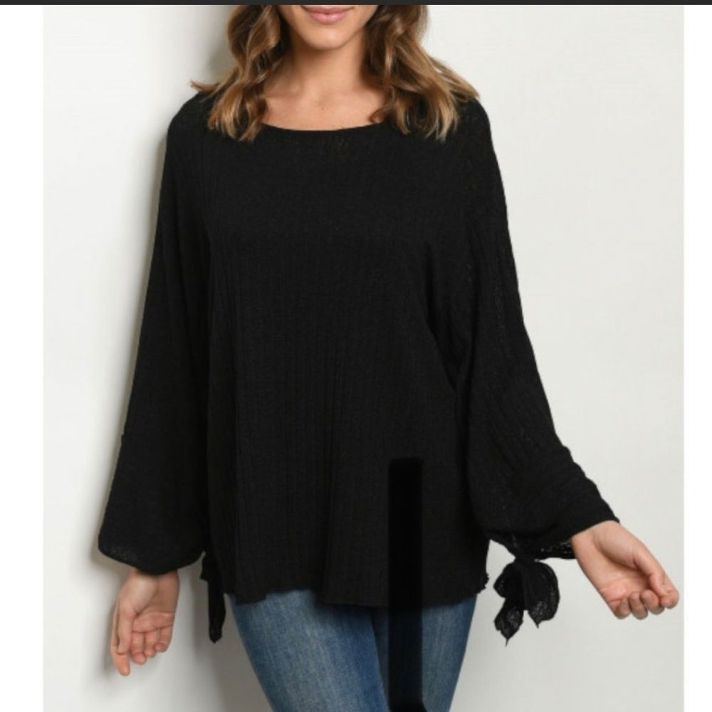 Black Long Sleeved Semi Sheer Ribbed Striped Top